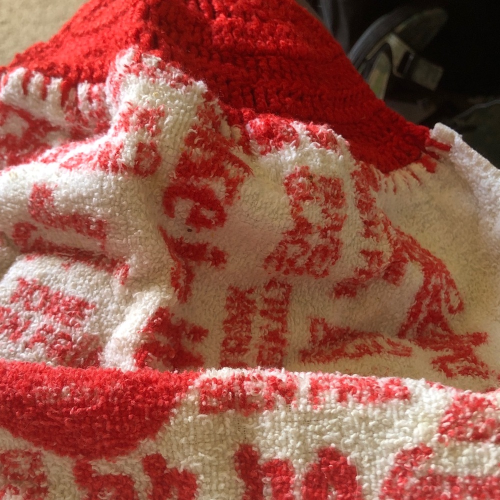 Red and White Terry Knit Hooded Towel/Poncho